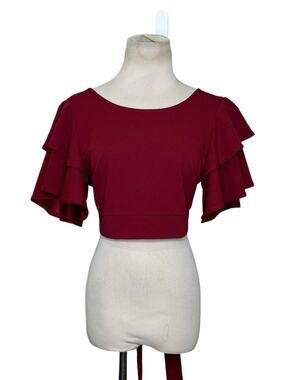 Cameo red short bell sleeves back tie crop blouse size Large